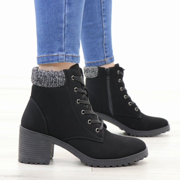 Nubuck Lug Chunky Heel Warm Lining Black Ankle Boots - Picture 5 of 12